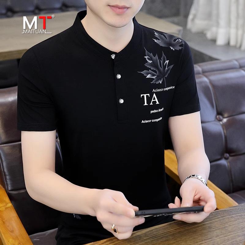 Tシャツ メンズ 半袖 スタンドカラー 立ち襟 夏 ビジネス カジュアル トップス ヘンリーネック 小さめ ファッション ブラック ホワイト