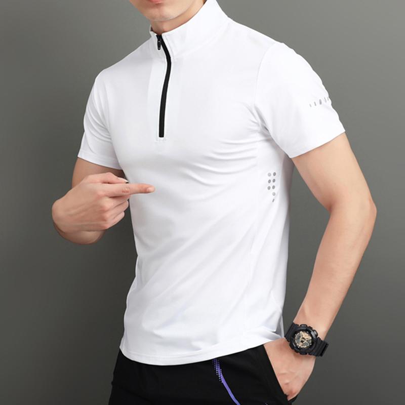 Tシャツ メンズ 半袖 スタンドカラー 立ち襟 夏 カジュアル トップス ワークウェア ジッパー 速乾 フィットネス スポーツ ホワイト ブラック レッド