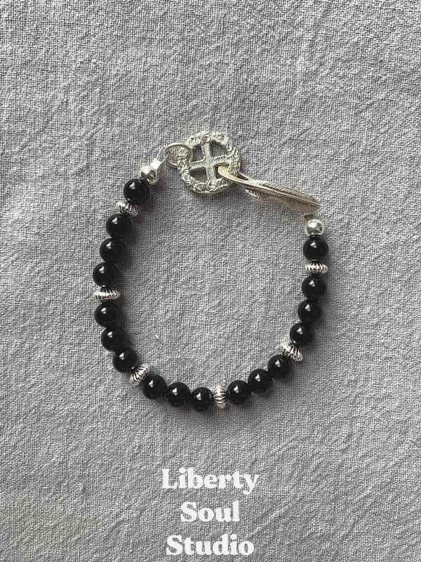 バングル メンズ レディース アクセサリー ブレスレット 黒曜石 フェザー S925 ジュエリー ファッション シルバー ブラック