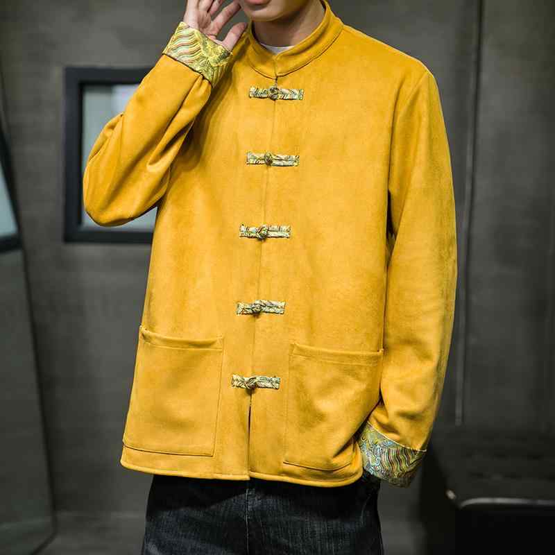 ジャージ メンズ レトロ 中国風 スエード ジャケット ジップアップ カジュアル バックル 紳士服 春秋 ゴールド ブラック ピンク