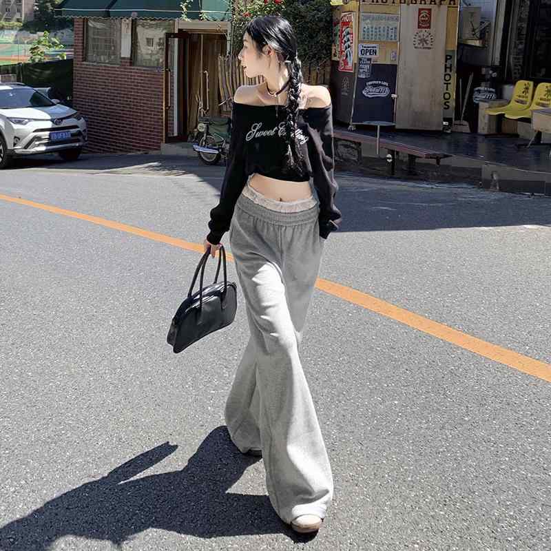ワイドパンツ 秋 アメリカン ストレッチ カジュアル レースフリル