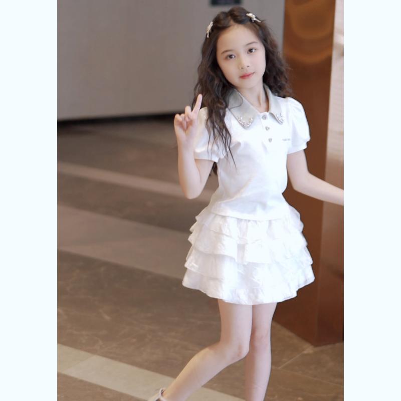 ポロシャツ キッズ 半袖 女の子 子供服 夏 カジュアル かわいい ガーリー 韓国 ファッション おしゃれ トップス スカート セットアップ ホワイト ブラック