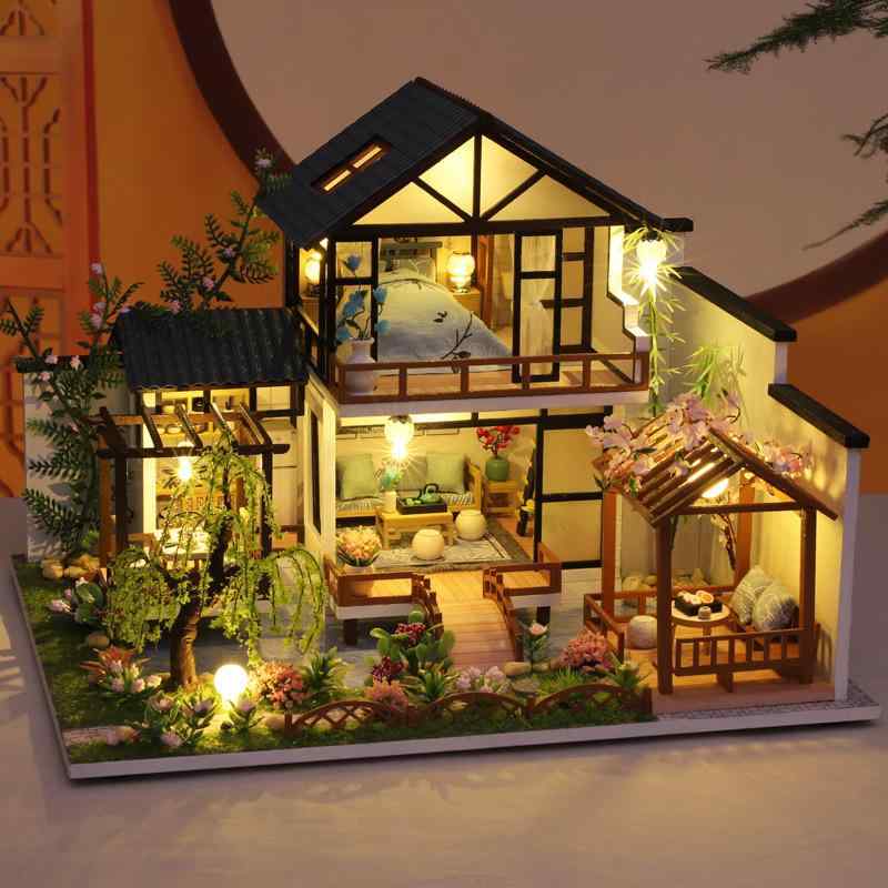 ミニチュアハウス 女性向け DIY 手作り 組み立てキット 中国風 建築模型 庭園 置物 オブジェ 誕生日 プレゼント ギフト 木製 ダストカバー付き 精巧 ホビー 大人向け 竹渓水苑