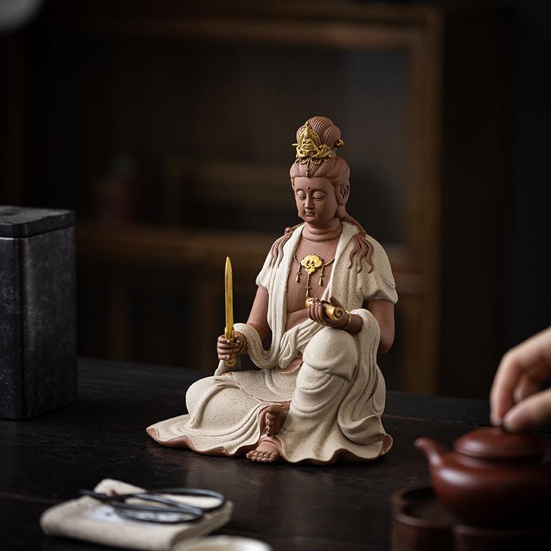 仏像 文殊菩薩 普賢菩薩 瀬戸もの製 飾りつけ 身寄り用 仏壇 リビング 部屋の入り口 オブジェ 禅風 中国風 室内装飾飾りつけ 彩砂 窯変青 窯変赤 長閑やかさなあき場所 住み家供養