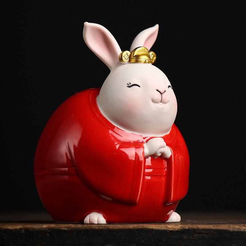 置物 かわいい 漫画風 うさぎ ラビット 縁起物 マスコット インテリア 玄関 リビング デスク飾り 陶器製 セラミック製 ブルー レッド