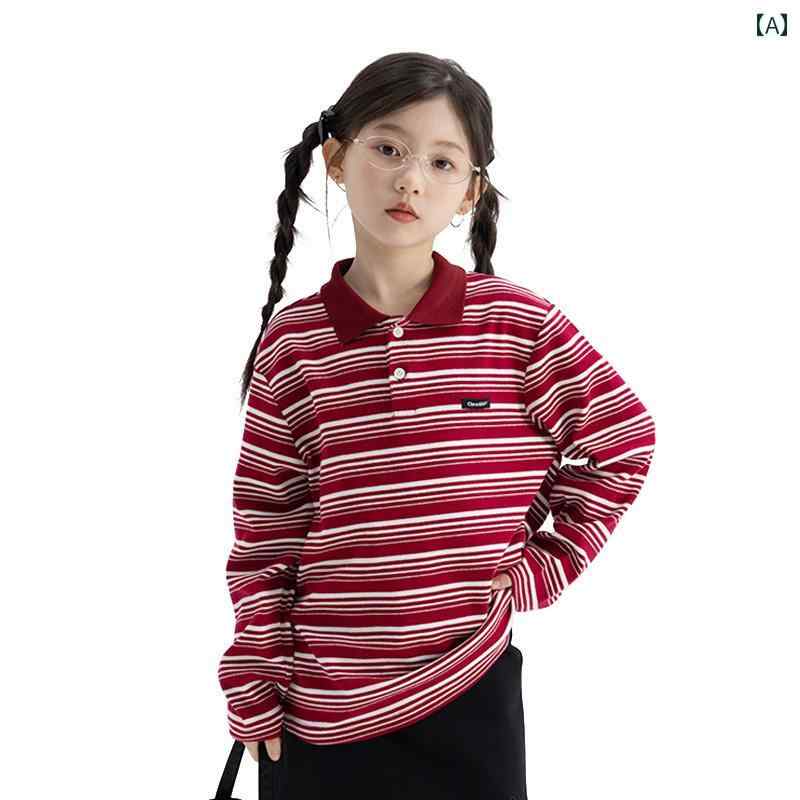 ポロシャツ キッズ 長袖 女の子 子供服 春 カジュアル レトロ トップス プルオーバー ボーダー レッド ブラック ホワイト