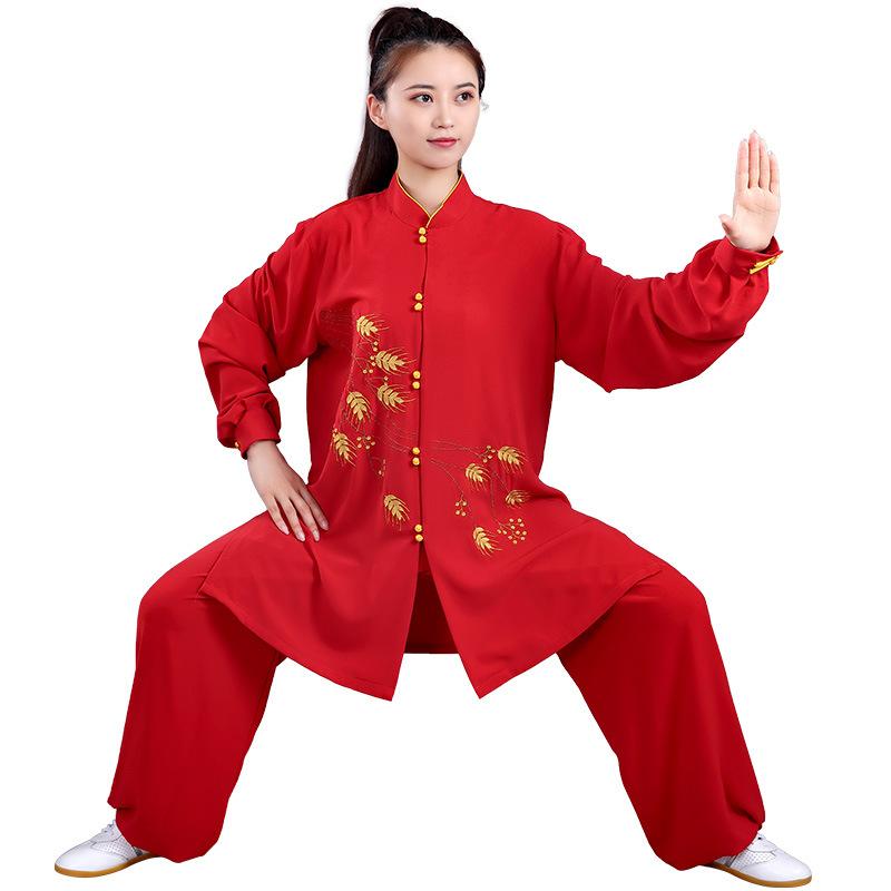 太極服 男女兼用 太極拳 武術 演舞服 練習着 稽古着 舞台衣装 朝練服 パフォーマンスウェア 刺繍 麦の穂柄 ミドル丈 中丈 綿混紡 再生繊維 アセテート繊維 レッド トップス ゆったり 軽量 通気性 吸湿性 快適 リラックスウェア