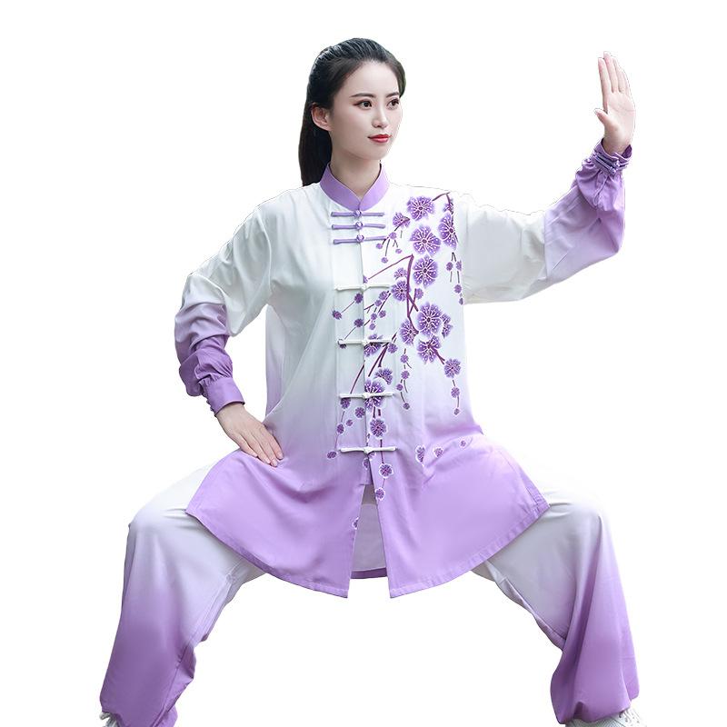 太極拳ウェア レディース 女性用 刺・墸デザイン 演武服 パフォーマンスウェア 練習着 トレーニングウェア 武術着 ミドル丈 グラデーションカラー 麻混紡 ポリエステル生地
