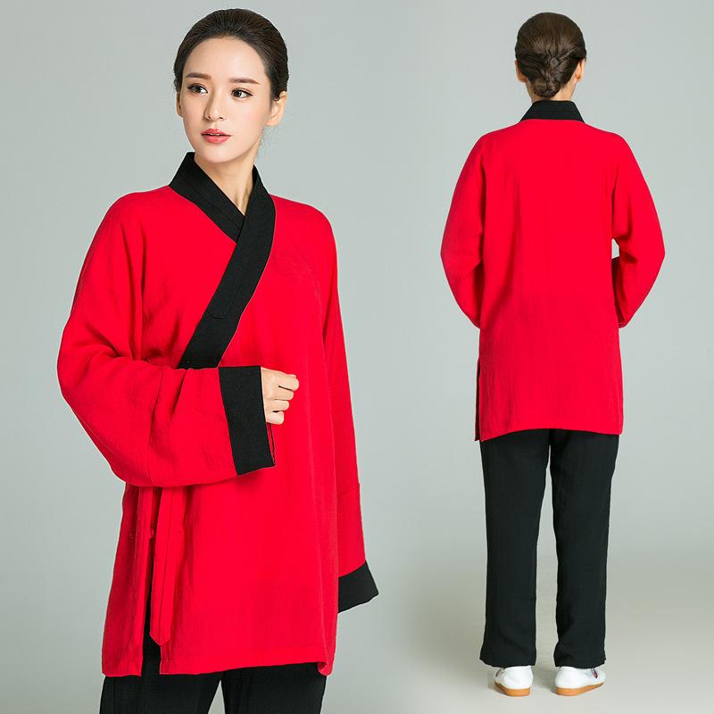 太極服 レディース 太極拳ウェア 武術服 亜麻 リネン 斜め襟 漢服 古装 伝統衣装 練習着 ゆったり リラックスウェア 大人用 レッド ワインレッド