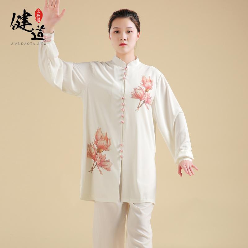 太極服 ユニセックス 太極拳ウェア 武術服 演武服 夏用 薄手 軽量 中国風 玉蘭プリント 上下セット 練習着 稽古着 ポリエステル スパンデックス 伸縮性 吸湿速乾 ホワイト