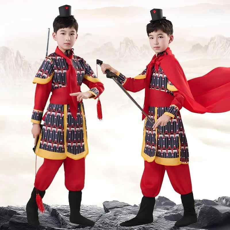子供用 舞台衣装 キッズ 男女兼用 古代 中国風 兵士 将軍 鎧 甲冑 花木蘭 岳家軍 満江紅 コスプレ 演劇 発表会 朗読劇 パフォーマンス 学芸会 イベント ポリエステル フルセット