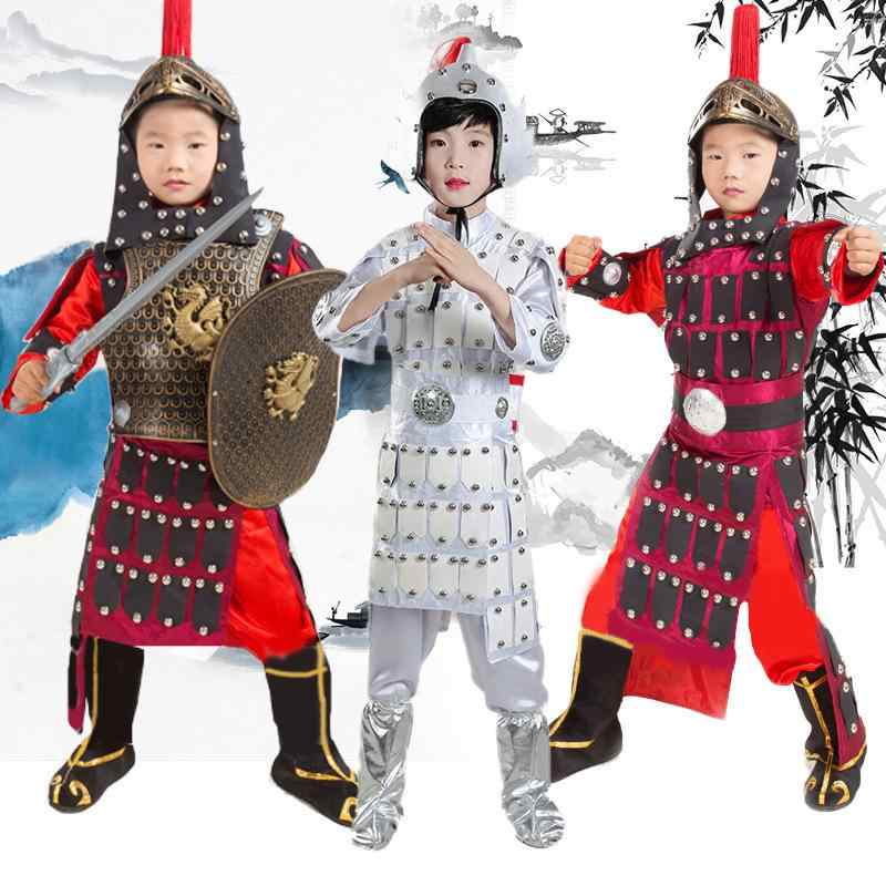 コスチューム キッズ 子供 男女兼用 古代兵士 将軍 鎧 甲冑 舞台衣装 発表会 演出服 イベント 学芸会 時代劇 アクリル繊維 ホワイト レッド ブラック 仮装 衣装