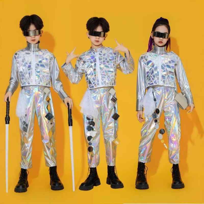 ダンス衣装 キッズ 男女兼用 ロボット 宇宙服 近未来 メタリック シルバー 光沢感 パフォーマンスウェア セットアップ ステージ 発表会 学芸会 イベント衣装