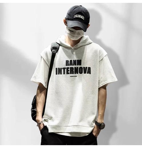 パーカー Tシャツ メンズ 半袖 トップス 夏 アメリカン カジュアル フェイクツーピース ステッチ フード付き ゆったり コントラストカラー グレー ブルー ブラック