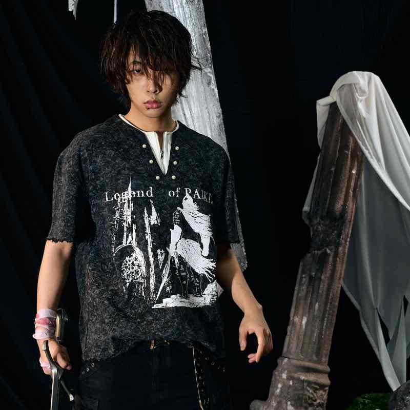Tシャツ メンズ レディース 半袖 トップス 夏 カジュアル ヘンリーネック パールボタン フェイクツーピース ブラック ホワイト