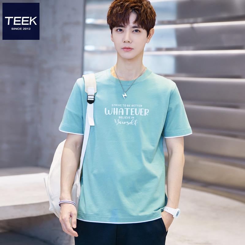 Tシャツ メンズ 半袖 トップス 夏 カジュアル ラウンドネック コットン フェイクツーピース グリーン ブルー ホワイト