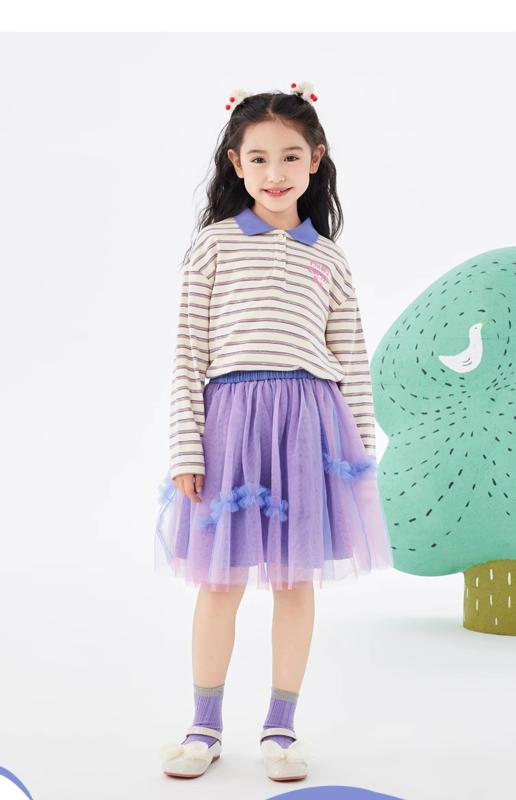 ポロシャツ キッズ 長袖 女の子 子供服 春秋 カジュアル トップス プルオーバー ボーダー パープル ベージュ
