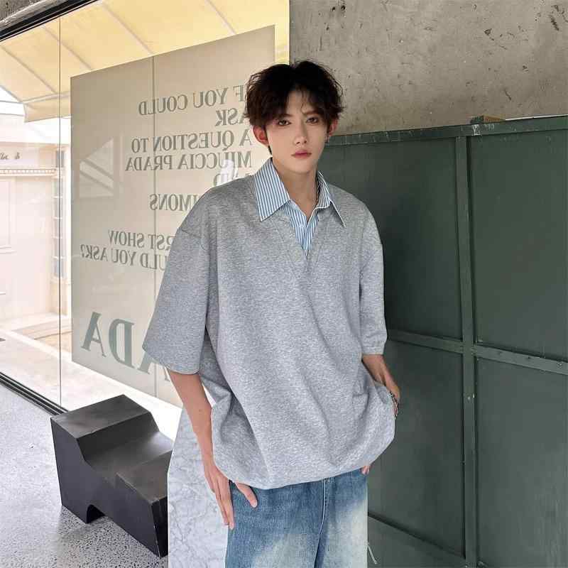 ポロシャツ Tシャツ メンズ 半袖 トップス 夏 アメリカン カジュアル フェイクツーピース レイヤード ゆったり オーバーサイズ グレー ブラック