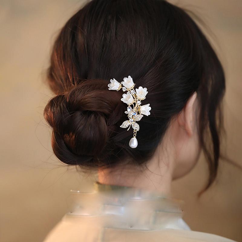 ヘアアクセサリー かんざし U字型 レディース 髪飾り ヘアピン モダン フラワー 花 ジュエリー チャイナドレス シルバー