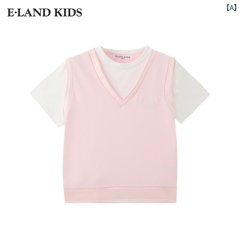 エランド 子供 服 ラブ 子供 服 女の子 Tシャツ 25年 夏新 大学 刺繍 フェイクツーピース