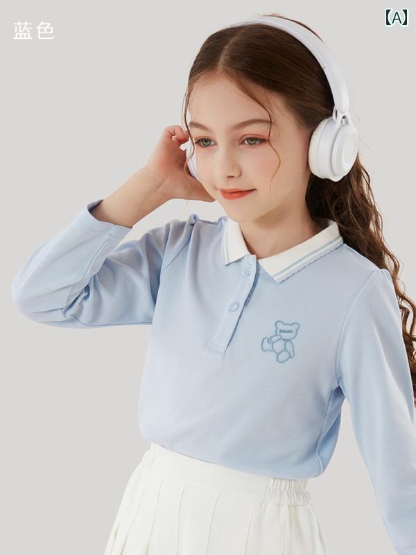 女の子の 長袖 Tシャツ 春と 秋 2025 子供用 ボトムス シャツ中と大 サイズの 子供用 スタイリッシュな ポロシャツ 子供 服の トップス