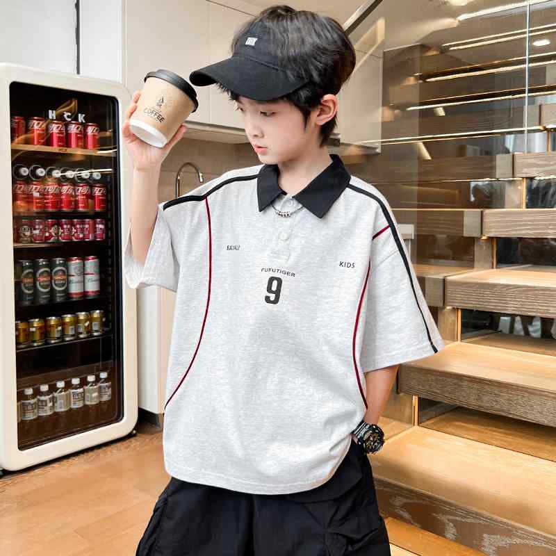 ポロシャツ キッズ 半袖 男の子 子供服 コットン トップス カジュアル スリムフィット ファッション 春夏 グレー
