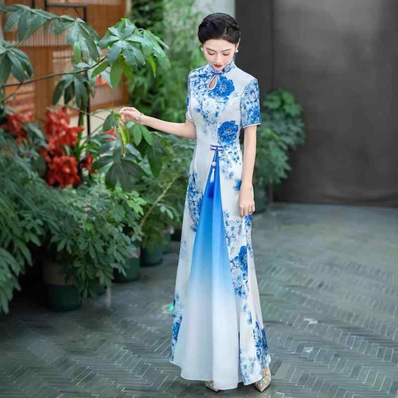 瀬戸もの御召しもの レディース アオザイ風 組みかえる版 中国 一こま御召しもの 告げ知らせる会 掻き鳴らす会 雅びやか 雅びやか 晴れ晴れしい 大層らしい大きさ ゆったり ロング丈 衣裳 ポロ襟 ラウンドのど首 ノースリーブ シェニール原料品 スパンデックス混紡 フォーマル 御祝い 礼装