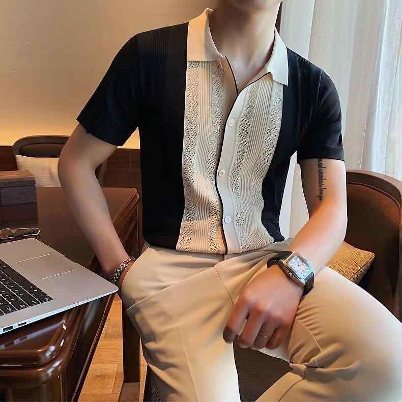 ニットポロシャツ メンズ 男性用 半袖 ショートスリーブ 襟付き 立ち襟 スリムフィット ブリティッシュスタイル 英国風 個性的 トレンド カジュアル ポリエステル イエロー ブラック