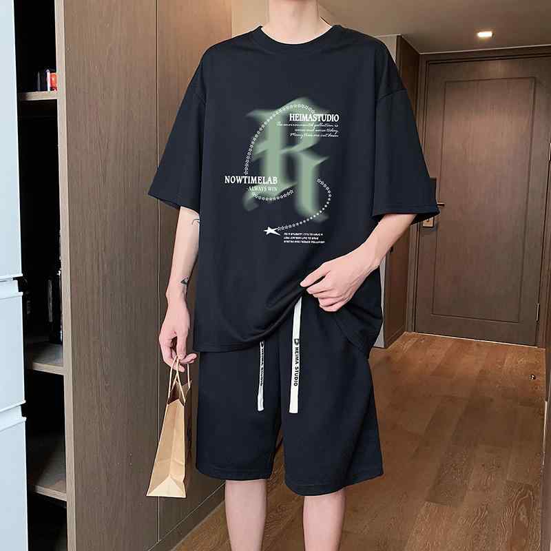 スポーツウェア メンズ 半袖 Tシャツ ハーフパンツ セットアップ 上下セット アルファベットロゴ カジュアル 運動 夏用 薄手 ポリエステル 吸汗速乾 通気性 軽量 ワンマイルウェア 部屋着 普段使い ホワイト ブラック ツートン