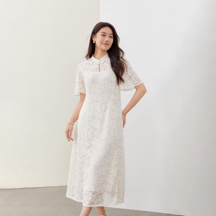 ワンピース レディース 大きいサイズ ぽっちゃりさん向け 新中華風 レース メッシュ チャイナドレス ウエストマーク Aラインスカート スタンドカラー 五分袖 ミモレ丈 ナイロン ブラック アプリコット 上品 綺麗め オフィス 通勤 カジュアル 夏｜Grams店