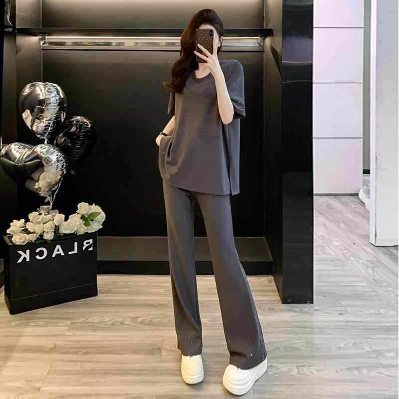 セットアップ レディース 半袖Tシャツ フレアパンツ ゆったりシルエット リラックス感 普段使い きれいめカジュアル 春夏 グレー|Grams店