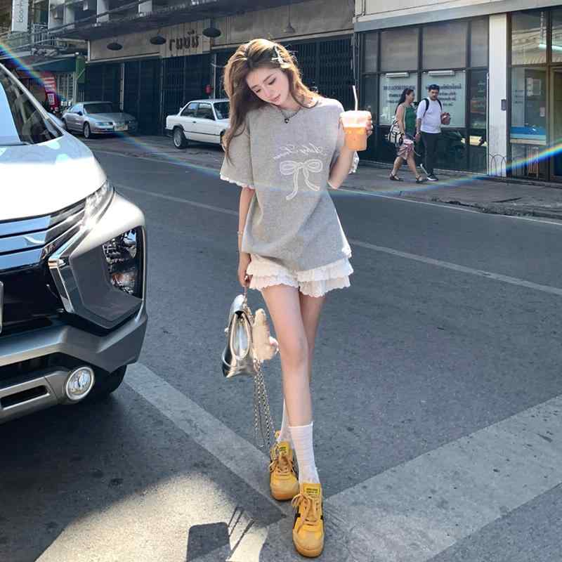 セットアップ レディース 春夏 カジュアル 大人可愛い 着痩せ 細見え レース切り替え 半袖トップス ショートスカート ミニ丈 2点セット 普段使い リラックス グレー|Grams店