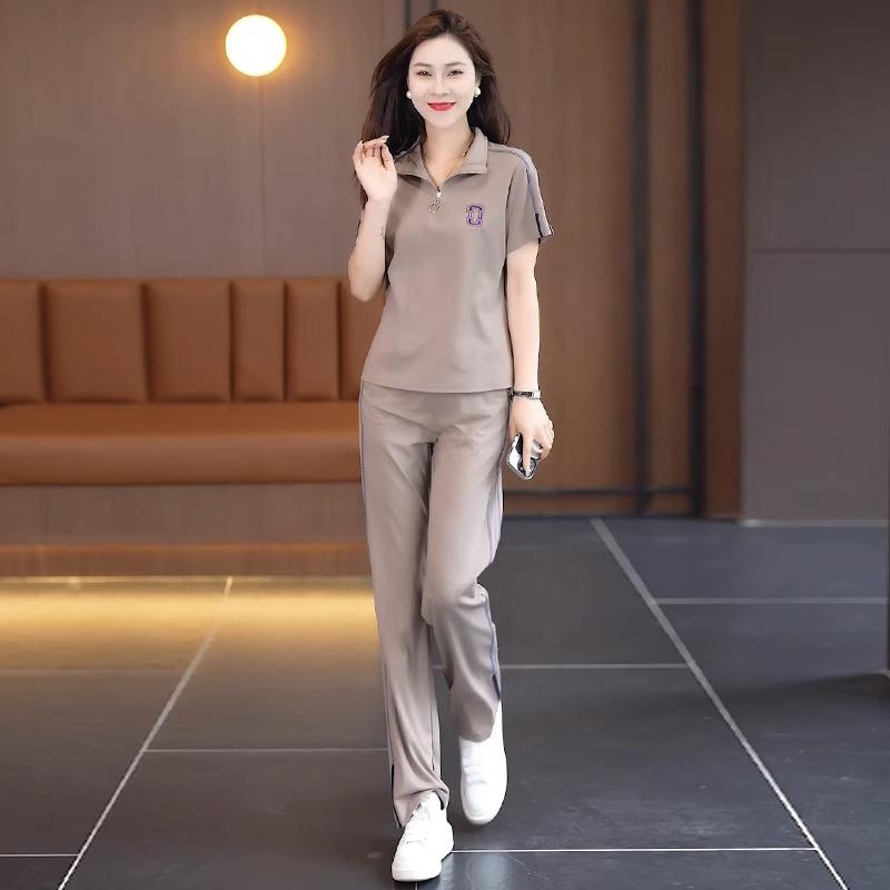 セットアップ レディース 運動競技お召しもの お部屋お召しもの 春夏 薄っぺら 軽さ 心地よい 今めかしい 着痩せ 細押し出し 半袖 ハーフジップ 広広としたズボン下 2点仕掛ける 赤銅色 ベージュ 米国海軍