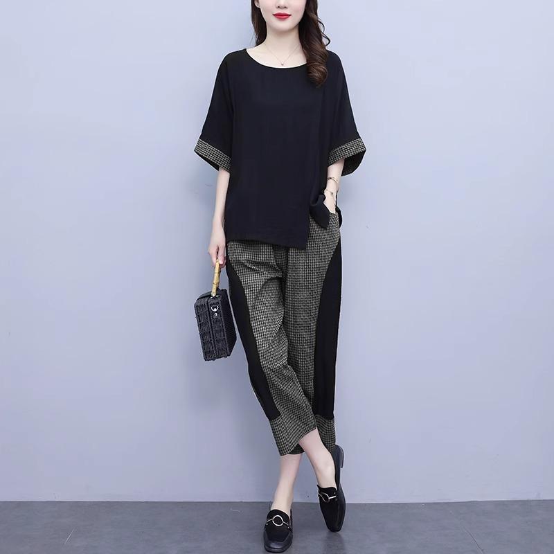 セットアップ レディース ママ 春夏 体型カバー 着痩せ ゆったり 大きいサイズ 上品 エレガント 若見え カジュアル ファッション 綿麻 ツーピース 普段使い ブラック キャメル