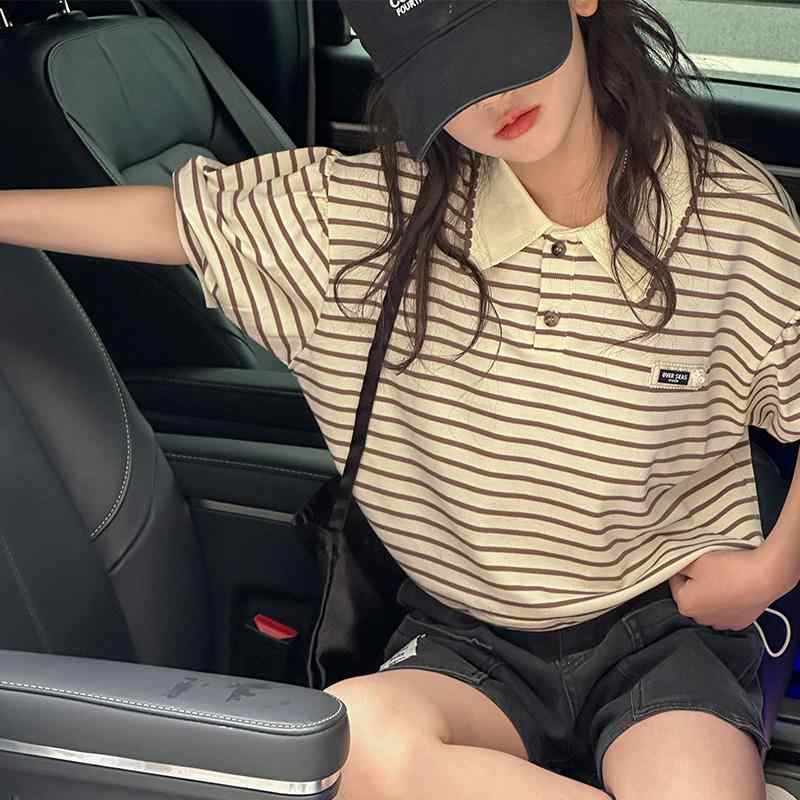 Tシャツ 女の子 女児 キッズ 子供服 ポロ襟 ストライプ ボーダー 半袖 ゆったり リラックスフィット 春夏 カジュアル 普段使い 通学着