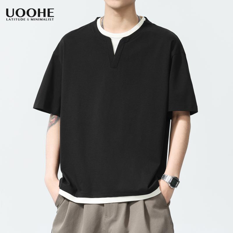 Tシャツ メンズ 半袖 トップス 春夏 カジュアル 厚手 フェイクレイヤード 重ね着風 ビッグサイズ オーバーサイズ ゆったり クルーネック ブラック