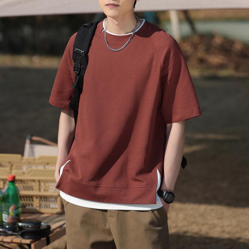 Tシャツ メンズ レディース カップル 半袖 トップス 春夏 アメリカン カジュアル ウェイト クルーネック シンプル 無地 フェイクレイヤード ラグランスリーブ ブラック カーキ ワインレッド