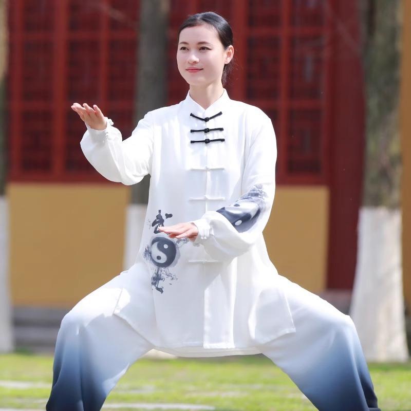太極服 男女兼用 太極拳 練習着 試合 演武 グラデーション 武字太極図 高級感 ミドル丈 ポリエステル フィットネス 武術 トレーニング スポーツ 大人用 セットアップ