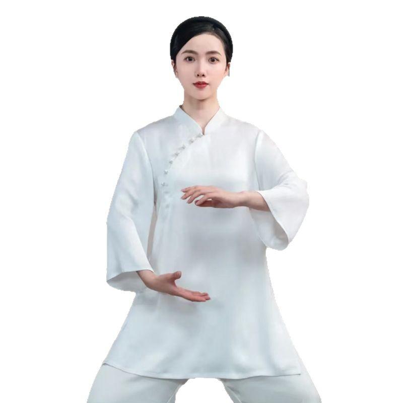 太極拳ウェア レディース 女性用 武術服 練習着 稽古着 上下セット 高級感 斜め襟 薄手 軽量 ポリエステル 春夏 無地 フィットネス トレーニング パフォーマンス 演武 ヨガ ダンス ランニング アクアグリーン ホワイト ピンク｜Grams店