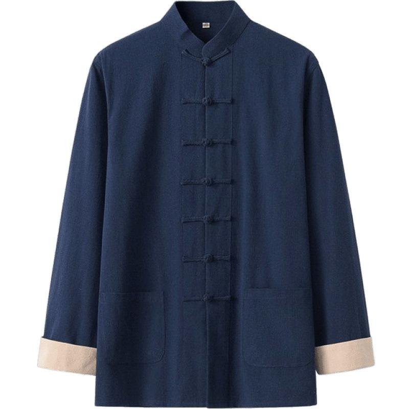 中国服 メンズ 太極服 唐装 漢服 組み換える版 長袖 心地好い 伸び伸びする御召しもの ゆったり 馬鹿でかい大きさ 麻 リネン 綿織物 綿麻原材料 無地 薄墨色 居士服 禅服 武術着 訓練を受ける着 普段使い走り 御部屋着