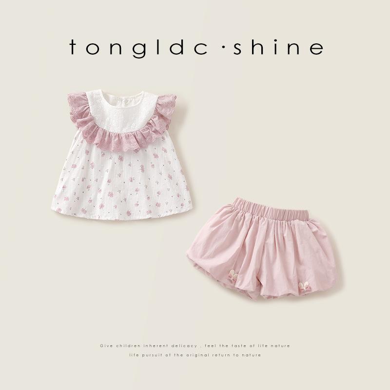 キッズ 女の子 セットアップ 上下セット 半袖 ショートパンツ 花柄ブラウス 夏服 おしゃれ かわいい 薄手 柔らかい 綿 コットン パープル ベビー 幼児