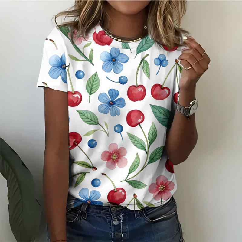 Tシャツ レディース 女性用 桜アート柄 プリント カジュアル スタイリッシュ ゆったり ルーズフィット 半袖 ショートスリーブ クルーネック 丸首 ポリエステル スパンデックス素材 普段使い デイリーユース ホワイト 白 標準丈 ミドル丈