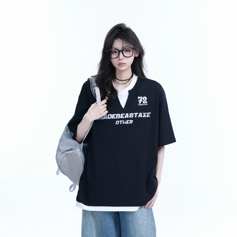 tシャツ レディース 半袖 トップス スクール 重ね着風 Vネック ワッフル素材 ゆったり カジュアル 春夏 ブラック グレー