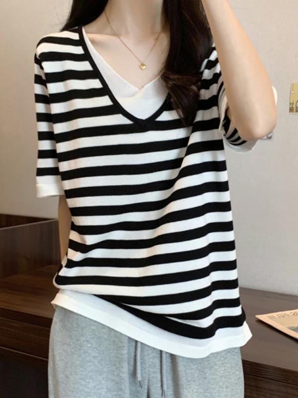 tシャツ レディース 半袖 トップス ボーダー 重ね着風 Vネック ゆったり 大きいサイズ 体型カバー 春夏 カジュアル ブラック
