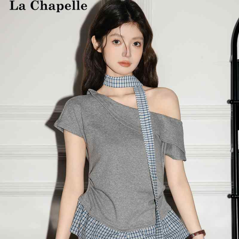tシャツ レディース 半袖 トップス カットソー アシンメトリー オフショルダー 重ね着風 チェック 夏 カジュアル グレー ブラック ベージュ
