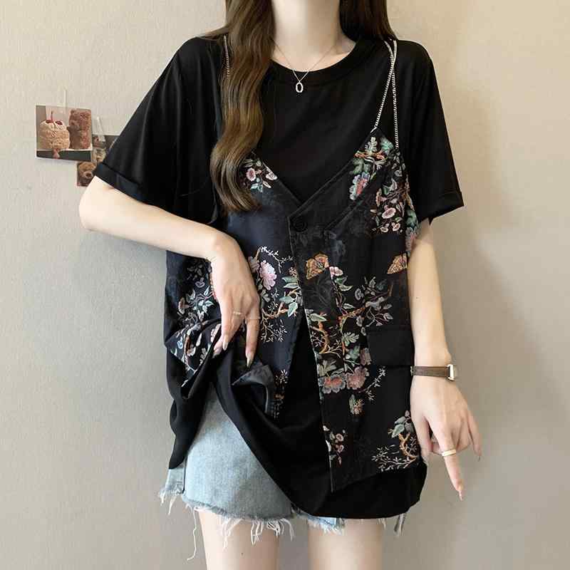 Tシャツ レディース 大きいサイズ チャイナ風 プリント フェイクレイヤード ゆったり 着痩せ効果 夏 トップス カットソー ブラック