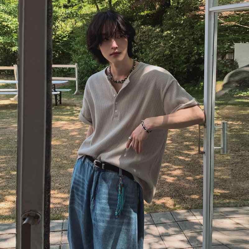 Tシャツ メンズ ヘンリーネック 半袖 ゆったり ルーズフィット ドロップショルダー コットン 綿100% 高級感 韓国風 トレンド カジュアル 着回し 普段使い 夏 トップス｜Grams店