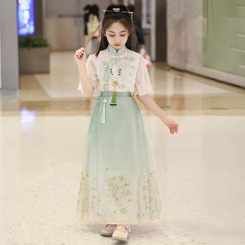 キッズ ジュニア 女の子 夏服 中華風 漢服 唐装 馬面スカート セットアップ 上下セット 高級感 花柄プリント 薄手 ポリエステル素材 柔らかい肌触り お出かけ 普段使い イベント衣装