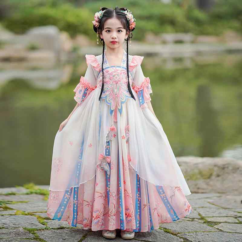 ワンピース 子供 女の子 漢服 唐装 中華風 古風 ドレス 花柄 薄手 柔らかい ポリエステル 夏 華やか エレガント サマードレス 夏祭り イベント 発表会 お姫様 プリンセス 衣装 ピンク