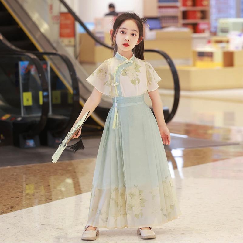 漢服 女の子 女児 馬面スカート セットアップ 新中華風 古典衣装 薄手 夏 花柄 ポリエステル 化学繊維混紡 グリーン 斜め襟 普段着 お祭り 発表会 子供服
